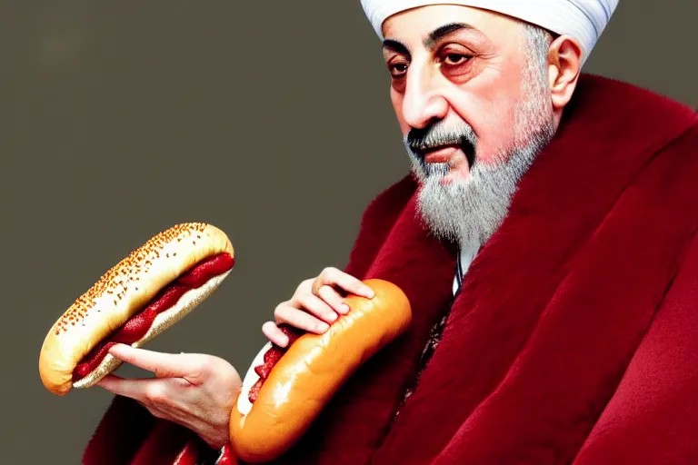 Image similar to Ottoman Sultan Mehmet IV eating a delicious hot dog, wearing big ovular turban and a luxurious Ottoman coat, mid-shot, cold lighting, photography from Vogue Magazine, neat, precise, realistic, detailed facial features, expressive, photorealistic, hyperrealism, micro details, HDR Shot, in the style of Martin Schoeller