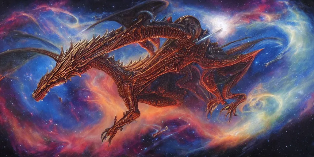 Image similar to an alien dragon flying through outer space, epic nebula, dan seagrave art