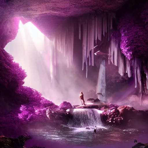 Image similar to a cinematic render of a silhouette of a purple styled fairy surrounded by amethysts, sitting in a mystical waterfall cave, lilac sunrays, matte painting, highly detailed, 8 k