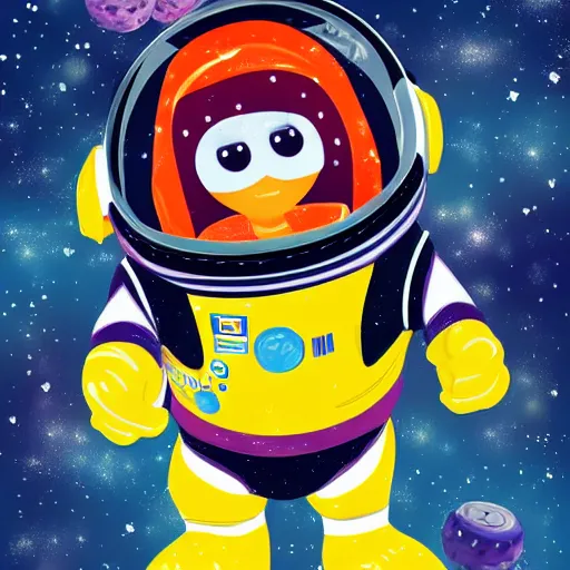 Prompt: cute astronaut penguin with helmet on, floating on space, in the style of the new buzz lightyear movie