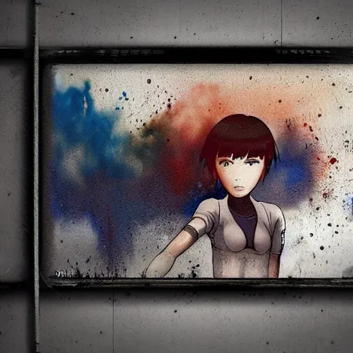 Image similar to incredible wide screenshot, ultrawide, simple watercolor, rough paper texture, ghost in the shell movie scene, backlit distant shot of girl, bold graphic graffiti, bright sun bleached ground, mud, fog, dust, windy, pale beige sky, junk tv, texture, dust, tangled overhead wires, telephone pole, dusty, dry, pencil marks, genius party, A master piece of storytelling, shinjuku, koji morimoto, katsuya terada, masamune shirow, tatsuyuki tanaka hd, 4k, remaster, dynamic camera angle, deep 3 point perspective, fish eye, dynamic scene