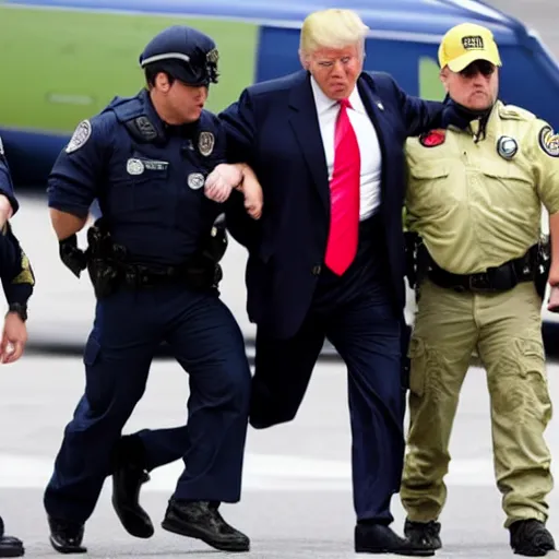 Image similar to Donald Trump being led away in handcuffs, perp walk, arrested