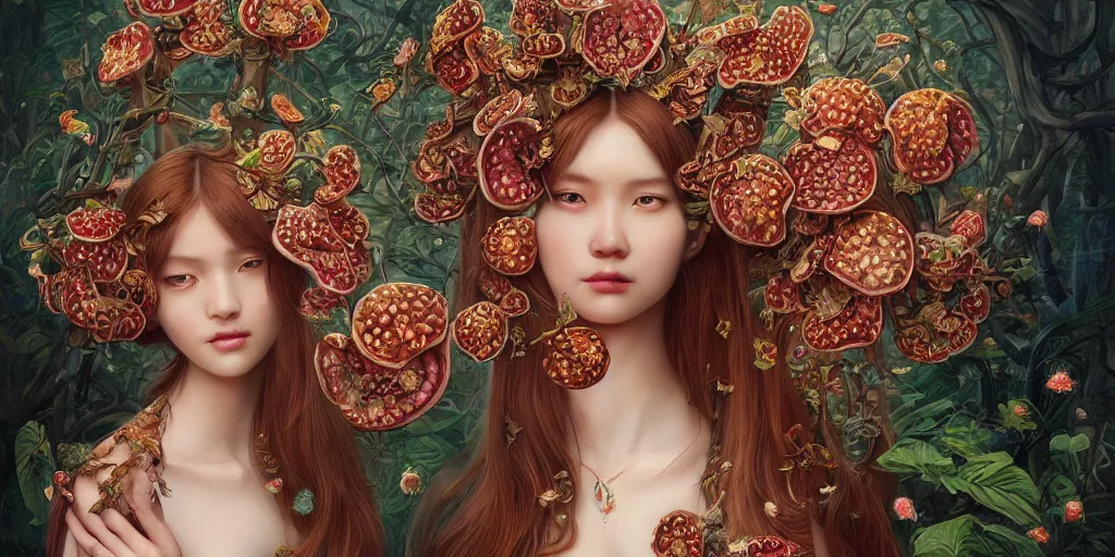 Image similar to breathtaking detailed concept art painting of the goddess of rafflesia arnoldii flowers, orthodox saint, with anxious, piercing eyes, ornate background, amalgamation of leaves and flowers, by Hsiao-Ron Cheng, James jean, Miho Hirano, Hayao Miyazaki, extremely moody lighting, 8K