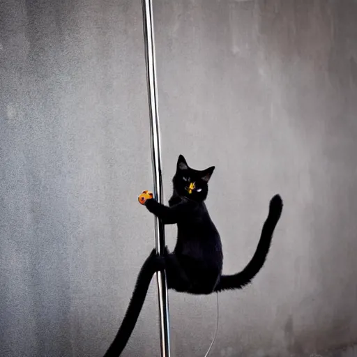 Prompt: black cat sliding down a metal pole dance