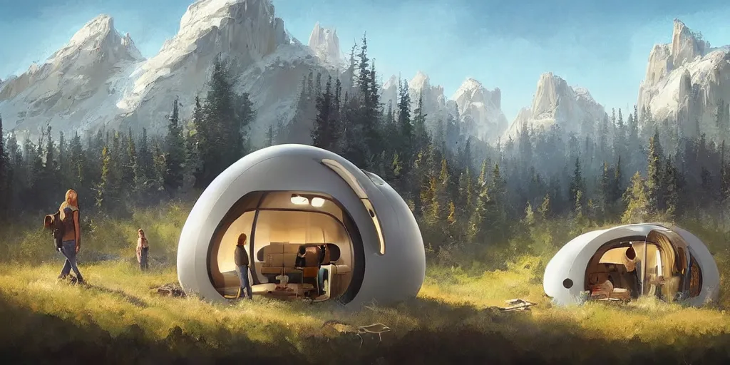 Image similar to cabela's beautiful comfortable futuristic pop up insulated all terrain family pod, cabin, modular, person in foreground, mountainous forested wilderness open fields, beautiful views, painterly concept art, joanna gaines, environmental concept art, farmhouse, magnolia, concept art illustration by ross tran, by james gurney, by craig mullins, by greg rutkowski trending on artstation