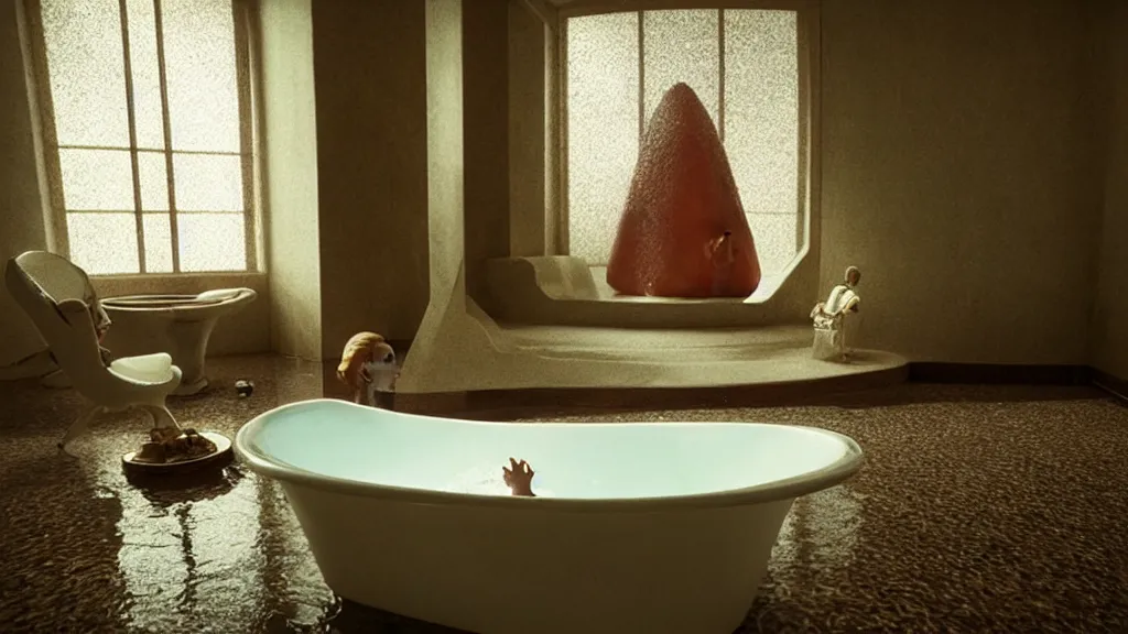 Image similar to the strange creature in a bathtub, makes the water float, film still from the movie directed by Denis Villeneuve with art direction by Salvador Dalí, wide lens