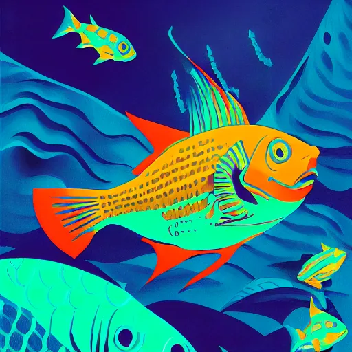 Prompt: one stylized fish, saturated colors, viewed in profile, dark ocean, complex patterns, artstation, intricate, realistic, highly detailed, digital painting, concept art, sharp focus, illustration by tom whalen and charles williams and kilian eng and james jean