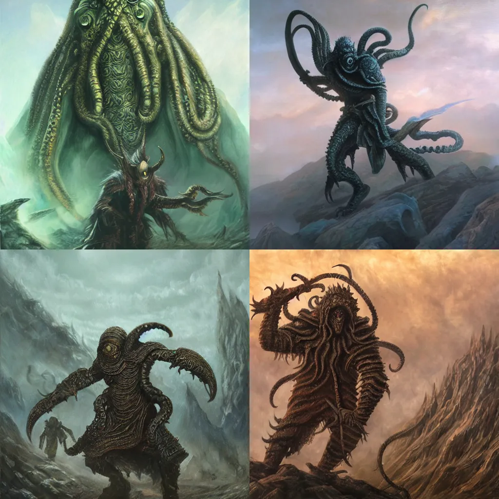 Prompt: cthulu fight, warrior on hill, elden ring boss, matte painting, detailed, elden ring, oil on canvas