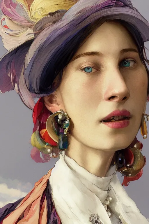 Prompt: close-up Howl from Howl's Moving Castle with white hair, small pearl earrings, pearl necklace, colourful clothes, fantasy, portrait, highly detailed, digital painting, artstation, concept art, sharp focus, illustration, art by greg rutkowski and alphonse mucha, oil painting by John Ward, by Arthur Walker, by Vermeer,