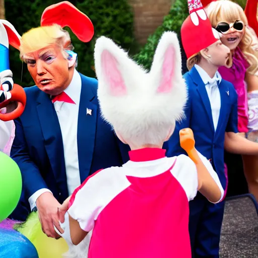 Image similar to professional photography Donald Trump cosplay as Bugs Bunny spying on children at a birthday party, high quality, good lighting,