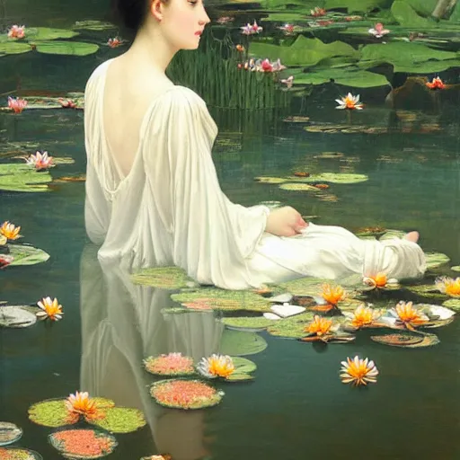 Image similar to a painting of a woman with greek white clothes floating in a pond of water lillies, a fine art painting, by liu jun, cgsociety, deviantart, pre - raphaelitism, figurative art, magical realism, detailed painting, made of flowers