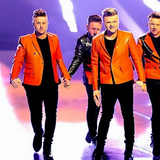 Prompt: Westlife perform a concert on the back of a soaring orange eagle