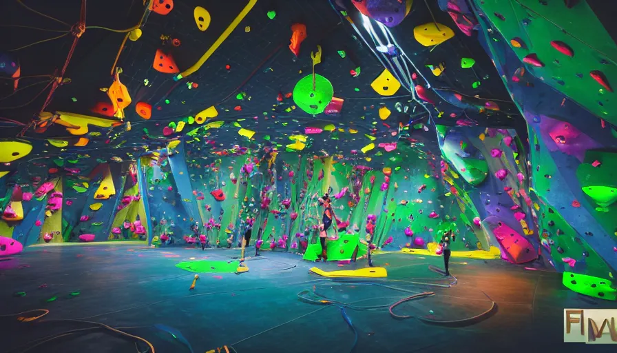 Image similar to futuristic neon indoor climbing center with space in the background, beautiful cosmos, cinematic shot, professional climbing photo, empty, galaxy, colourful climbing holds, 4k