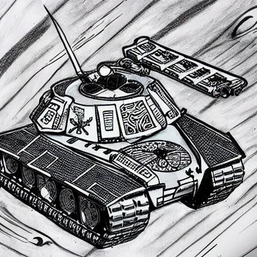 Prompt: daoist battle tank painted in white and black yinyang symbol blasting away at dystopia, cosmos backdrop, detailed pencil drawing by an alien from the future