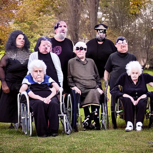 Image similar to an old age home for geriatric satan goths. photograph group portrait.