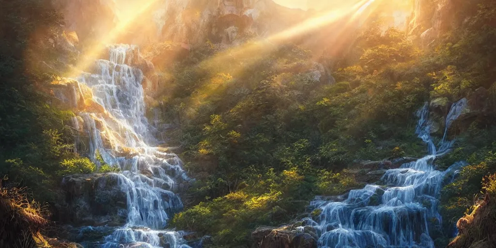 Image similar to beautiful waterfall between lush mountains in the sunset casting rays of light, highly detailed, sharp focus, artgerm, cgsociety, desaturated