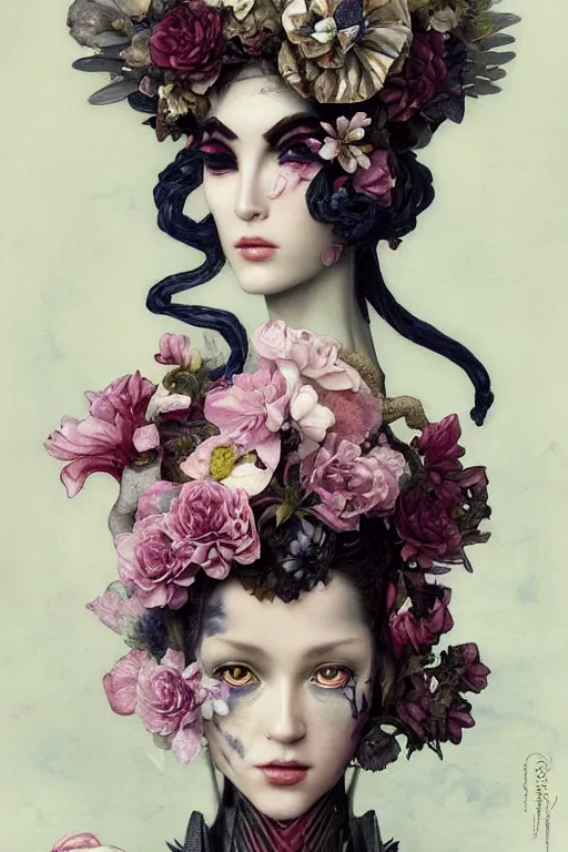 Image similar to a portrait photograph of a tiefling with a scaled skin transforming into a flower wearing a harajuku fashion and a tactical suit. by tom bagshaw, donato giancola, hans holbein, walton ford, gaston bussiere, brian froud, peter mohrbacher and magali villeneuve. 8 k, hyperrealism, fashion editorial.