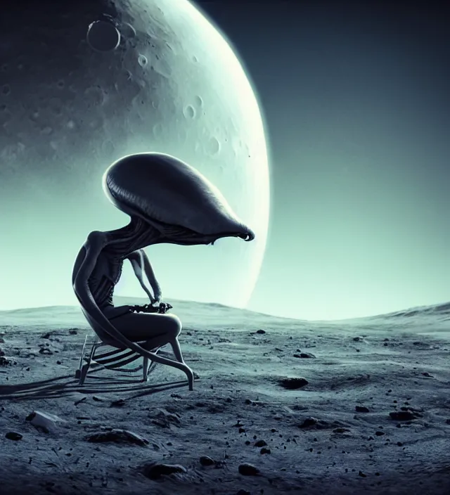 Prompt: scary alien sitting in lawn chair on the moon looking at earth hyper realism, cinematic, dramatic ambient lighting, epic composition, high detail, octane render, unreal engine, 8 k, vibrant colors, smooth gradients, high contrast, professional photo, photorealistic, digital artray tracing