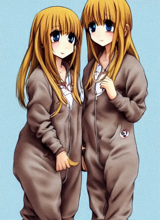 Image similar to highly detailed art of one blonde and one brown haired anime girl in onesies pressed against each other looking at us, detailed eyes, happy, excited, digital art, cute, anime, detailed faces, well drawn faces, cute faces, 8 k, trending on artstation, official media