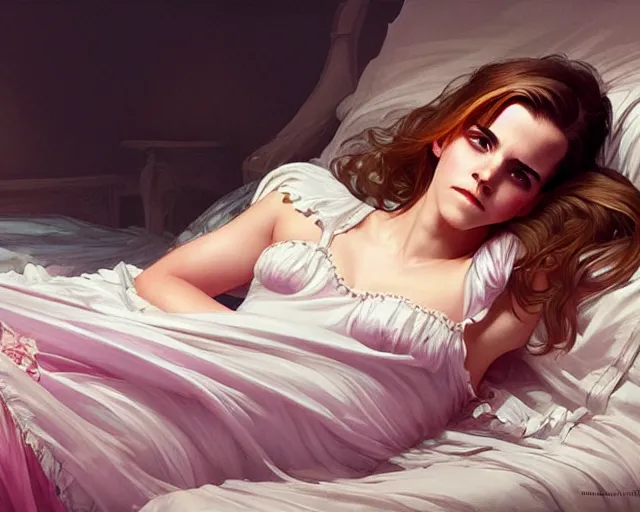 Image similar to Emma Watson lying on the bed in sleepwear, summertime, fantasy, intricate, elegant, highly detailed, digital painting, artstation, concept art, matte, sharp focus, illustration, hearthstone, art by Artgerm and Greg Rutkowski and Alphonse Mucha