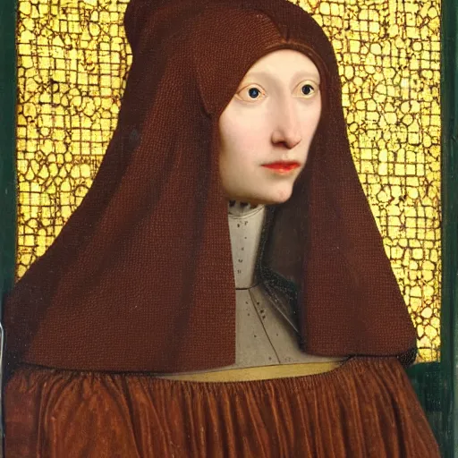 Image similar to a portrait of cyborg princess connected to a man-machine interface by Jan van Eyck, renaissance style