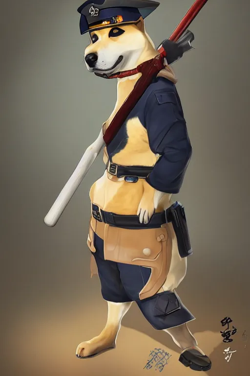 Image similar to shiba inu holding a baseball bat, wearing a police uniform, wearing a japanese traditional hat, character design, highly detailed digital art, atmosphere, cinematic lightning, hyperrealistic, focused, extreme details, 4 k, ultra detailed, trending on artstation, masterpiece