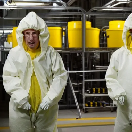 Prompt: Gene Wilder and Walter White in yellow hazmat suits, in the chocolate factory, photorealism, 8k