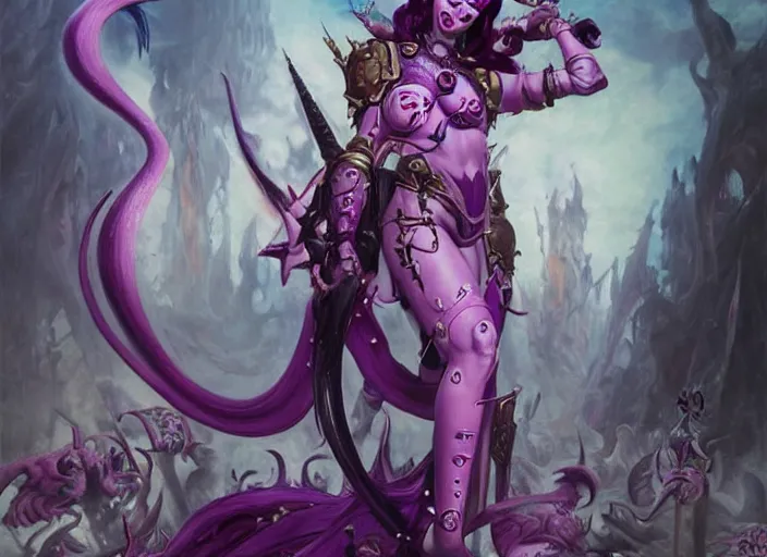 Image similar to Skilled Slaanesh demonette with pink tail and small horns on her head and beautiful long black hair wearing the outfit of slaanesh legions looking at the viewer corrupting an ultramarine space marine, elegant, delicate, powerful, smooth, highly detailed, Artstation, Cgsociety, art by Mark Simonetti and Gil Elvgren and artgerm, mucha, Warhammer illustration, digital art