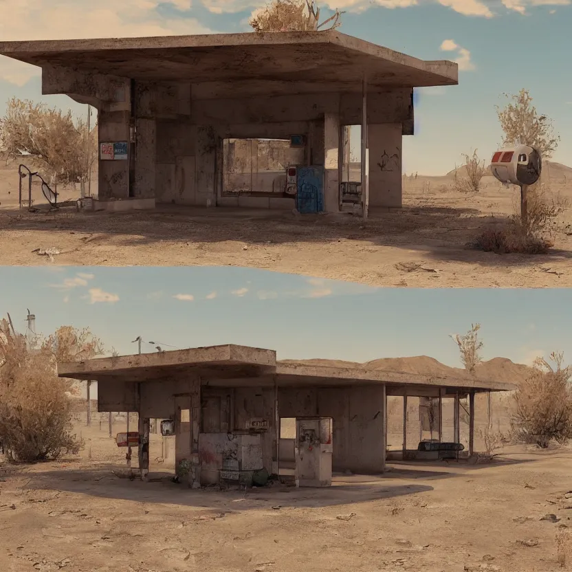 Image similar to an old, tiny abandoned gas station in the middle of the desert, cobweb, old, artstation, digital art.