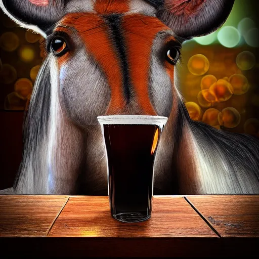 Image similar to surreal, fuzzy mule, sitting at a bar, taps, bar lighting, giant eyes, bubbles in the air, hyper realistic, 8k