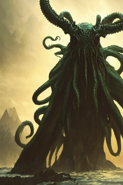 Image similar to cthulhu emerging from the ocean with wings spread, digital art, magic the gathering, a mountain walked or stumbled, mtg, by greg rutkowski, trending on artstation