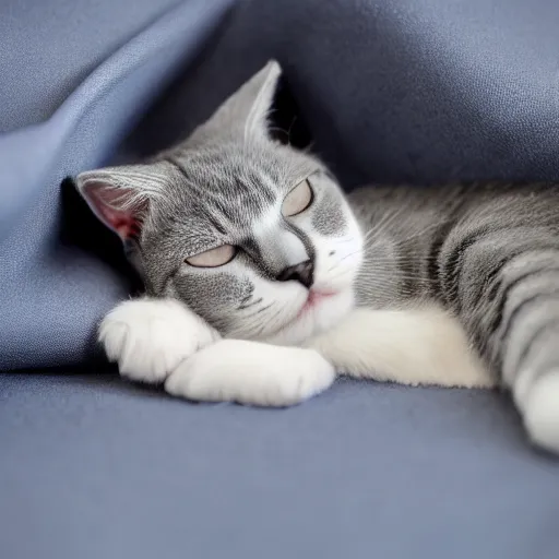 Prompt: bicolor gray and white Scottish Fold English Shorthair mix. napping cat on comforter. cozy scene. photorealism, 4k, 135mm.