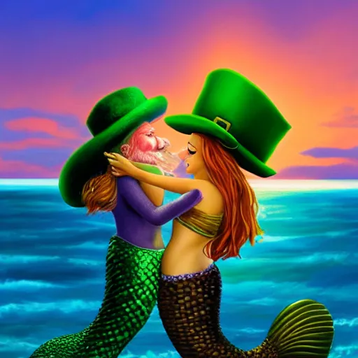 Prompt: a leprechaun kissing a mermaid on the beach. the sun is setting in the background, bathing the scene in beautiful golden light. trending on artstation, by lisa frank, hd, high quality