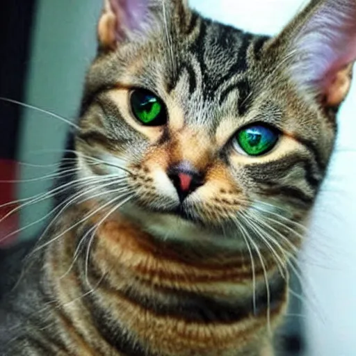 Image similar to weird cute tabby cat mix with green eyes