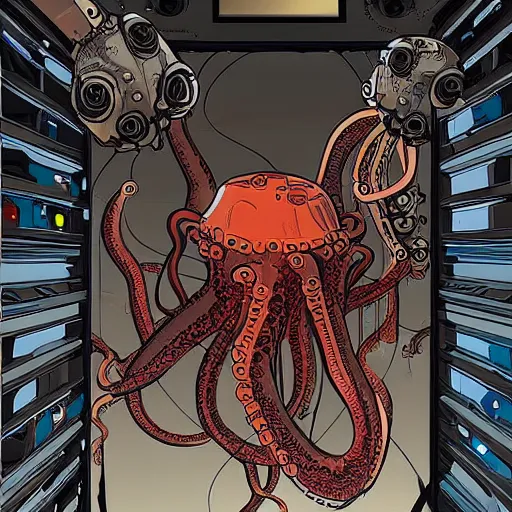 Prompt: robotic Octopus in an airlock, Industrial Scifi, detailed illustration, character portrait, by Martin Grip and Moebius