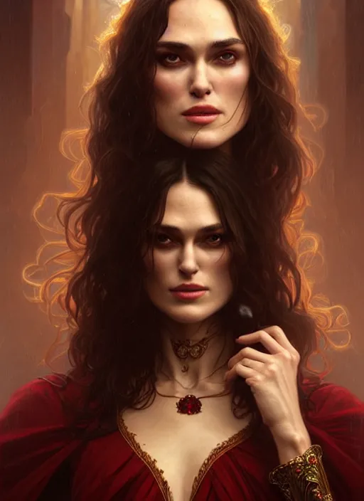 Image similar to portrait of keira knightley as a vampire lord, jewelry, greek, ruby, intricate, headshot, highly detailed, digital painting, artstation, concept art, sharp focus, cinematic lighting, illustration, art by artgerm and greg rutkowski, alphonse mucha, cgsociety