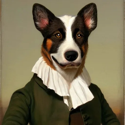 Prompt: a head and shoulders portrait painting of an anthropomorphic!!!!!!!!!! mcnab cattle dog!!!!!!!!!! wearing a colonial outfit without a hat looking off camera, a character portrait, neoclassicism, oil on canvas, soft focus