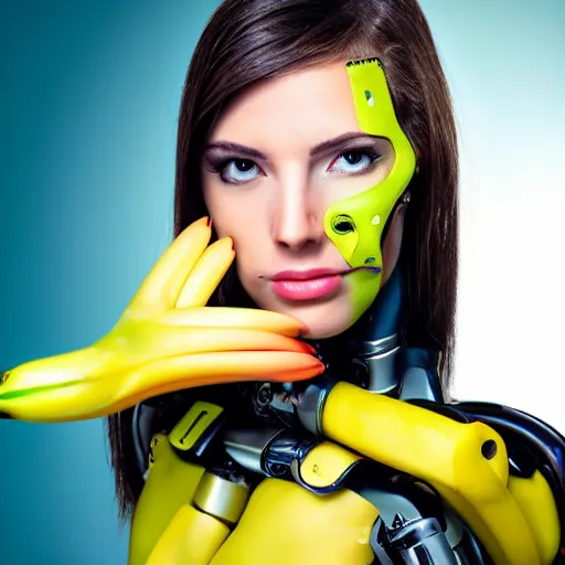 Prompt: portrait photo of a beautiful female cyborg ...............looking like a BANANA