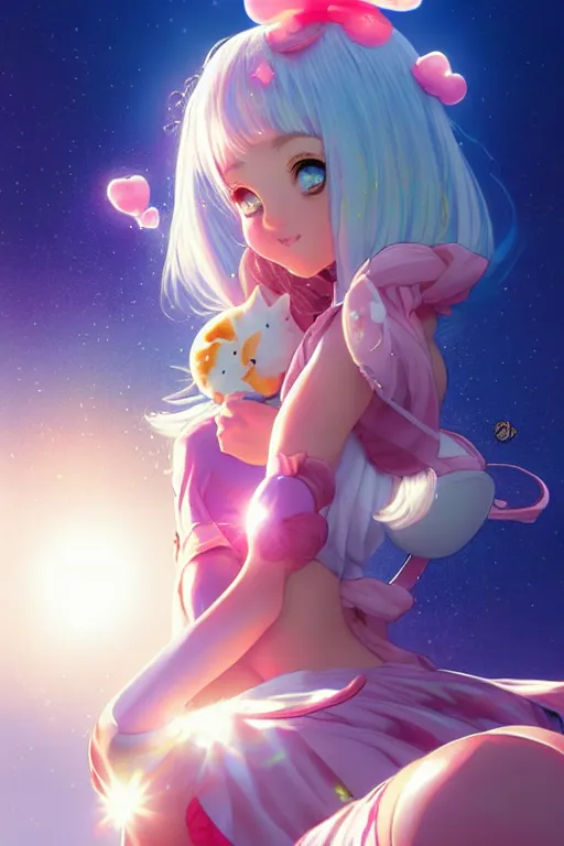 Image similar to bubbly lovely hopefully magical girl flying to the sun set with her kitty, occlusion shadow, specular reflection, rim light, unreal engine, artgerm, artstation, art by hiroaki samura and ilya kuvshinov and ossdraws, high quality, intricate detailed 8 k, fantasy illustration, extremely beautiful and aesthetic shape of face and body, movie poster