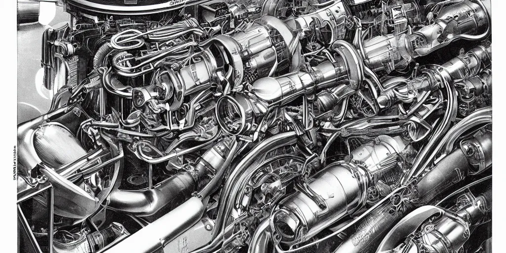 Image similar to f1 engine cutaway scientific illustration by Ernst Haekel highly detailed by jean giraud moebius engineering black and white chrome