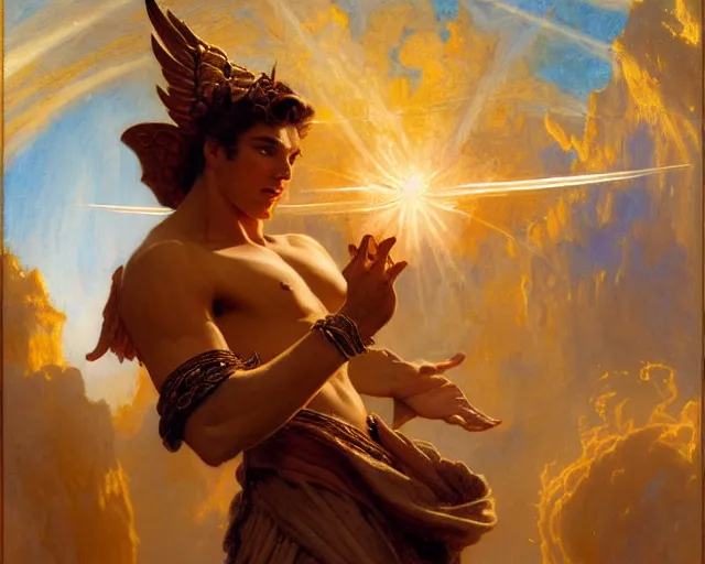 Image similar to attractive pagan male deity, summoning handsome lucifer morning star. highly detailed painting by gaston bussiere, craig mullins, j. c. leyendecker 8 k