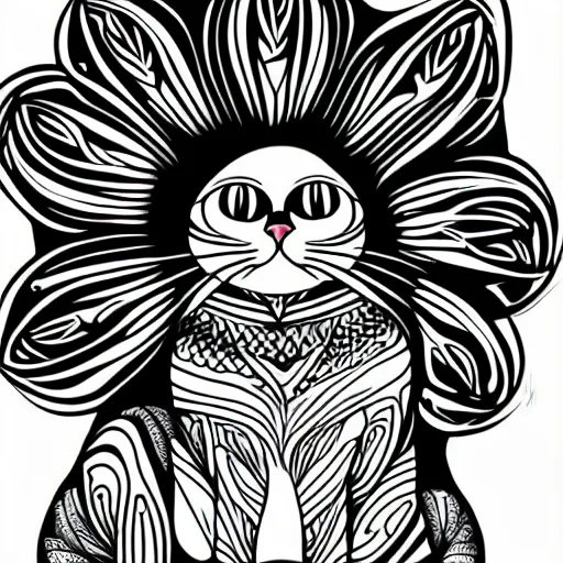 Image similar to tattoo sketch of a cat hugging the sun, on a canva, blackwork, ornamental, line art, vector,