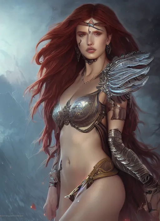 Image similar to ultra realistic illustration, bella thorne as diablo 3 angel anime, intricate, elegant, highly detailed, digital painting, artstation, concept art, smooth, sharp focus, illustration, art by artgerm and greg rutkowski and alphonse mucha and wlop