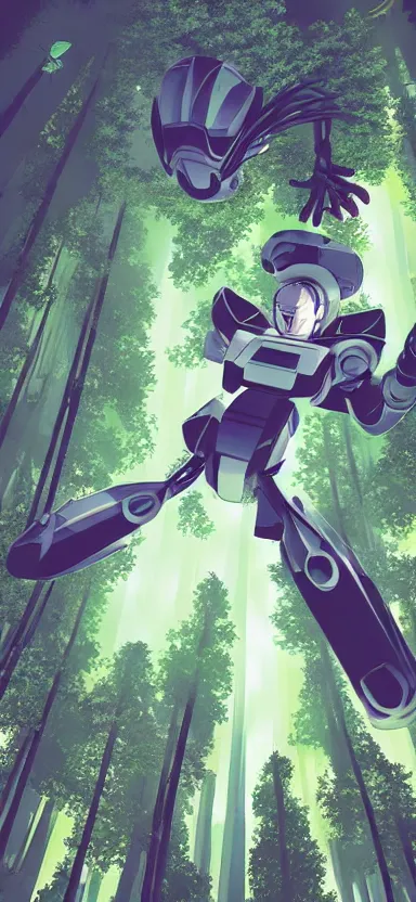 Image similar to close up pilot, looking up at giant humanoid plant mech, coming through treetops, forest, key art, sharp lines, towering above a small person, aesthetic, anime, trigger, shigeto koyama, hiroyuki imaishi