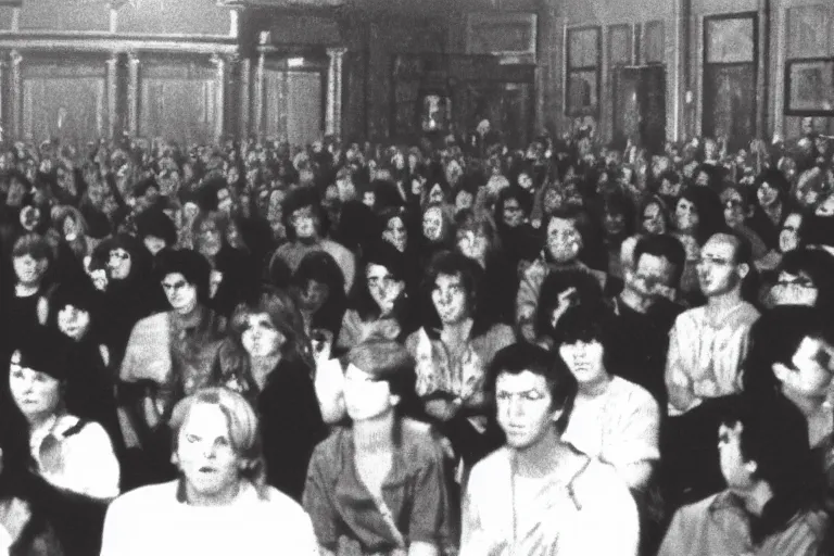 Image similar to vhs footage of a room of people staring at a live demon