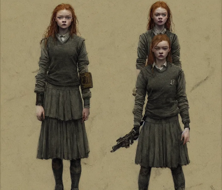 Image similar to sadie sink dressed in oversized school uniform : costume concept for a scifi cyberpunk film. by greg rutkowski, greg staples, elsa beskow, gustave courbet, rosa bonheur. sharp focus, cinematic atmosphere, detailed and intricate, perfect anatomy