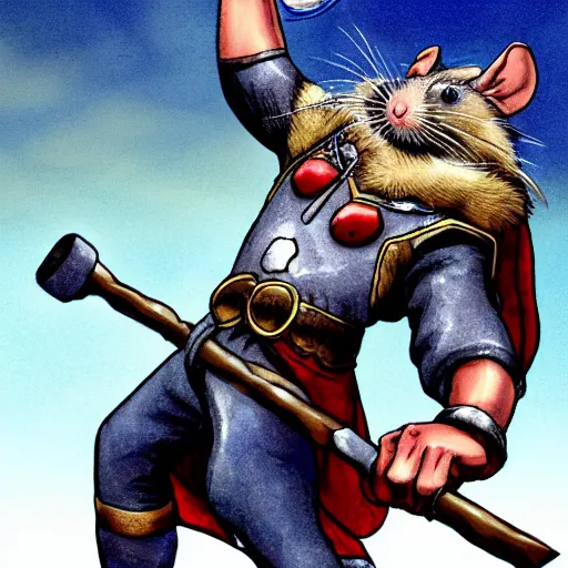 Image similar to the rat thor ~ holding his hammer ~ dramatic thunder background ~ fighting scene ~