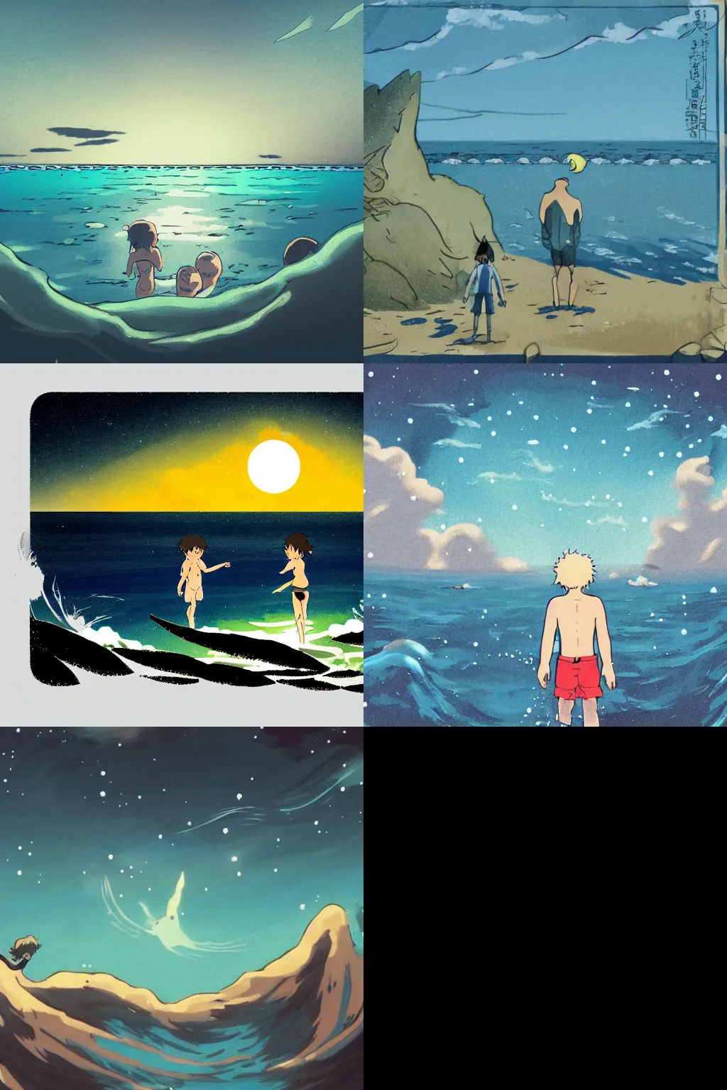 Prompt: a swim in the sea at night, in the style of Miyazaki