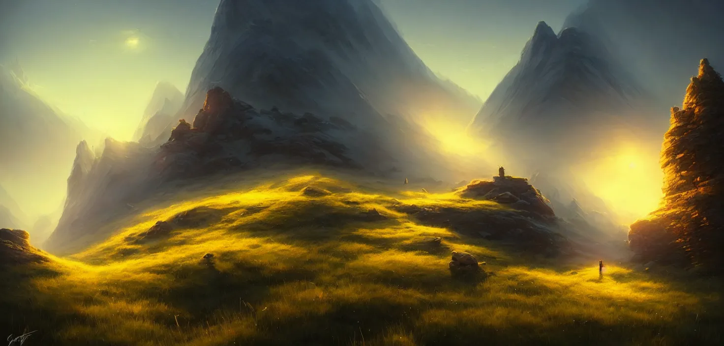 Prompt: hill arctic, concept art, low angle, high detail, warm lighting, volumetric, godrays, vivid, beautiful, trending on artstation, by jordan grimmer, huge scene, grass, art greg rutkowski