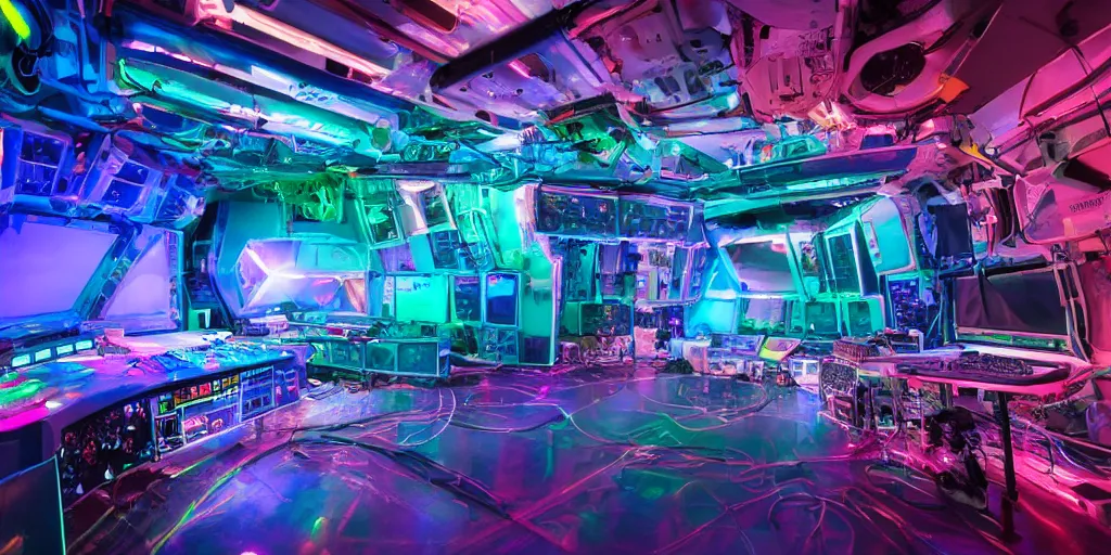 Image similar to giant speaker system audio visual holographic projection music recording studio in the interior of an international space station. filled with neon lights electronic dj equipment, modular synthesizer with cables everywhere. photorealistic 35mm 4k cgsociety